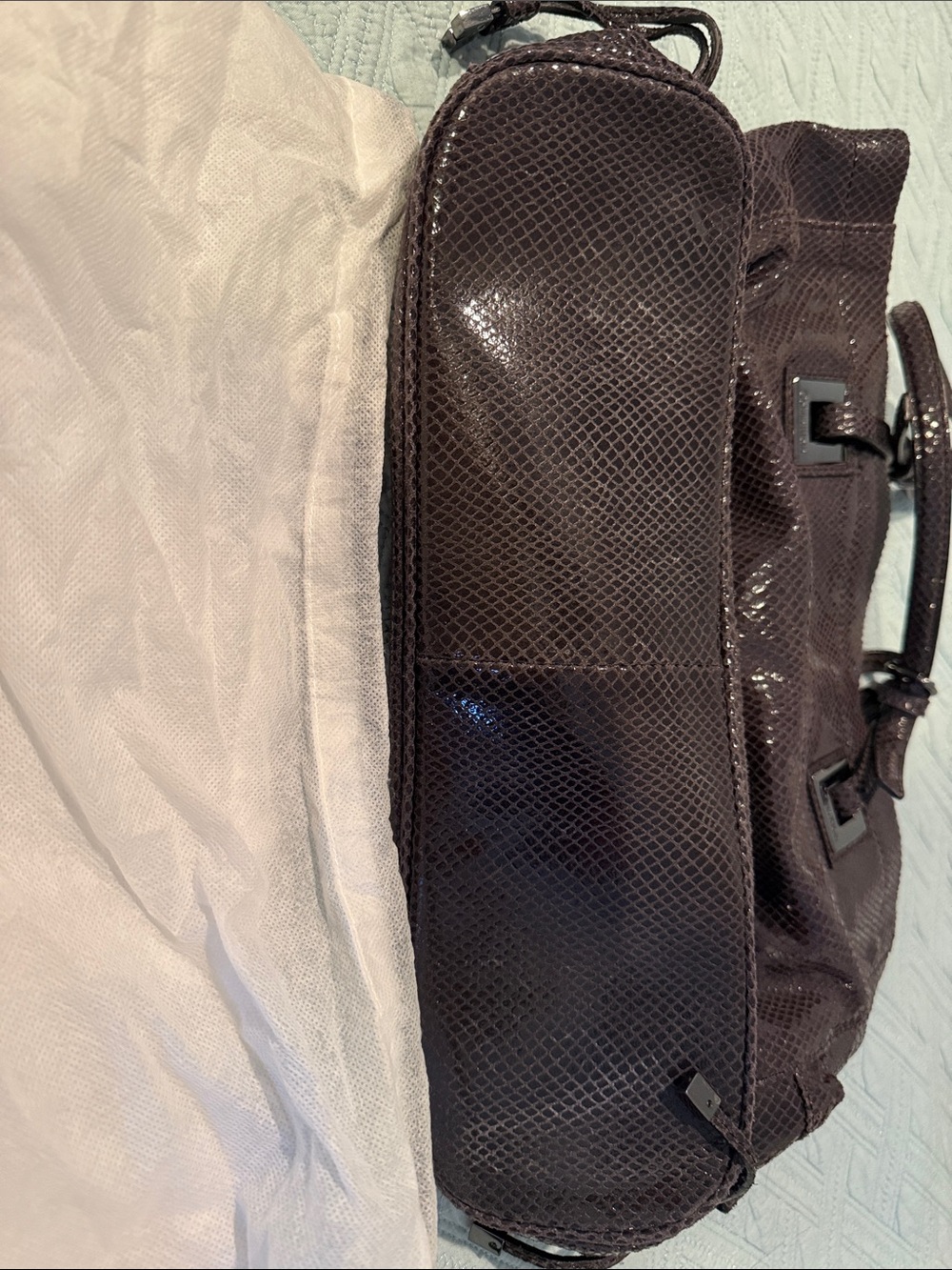 NWOT Calvin Klein Patent Snakeskin Textured Tote in Dark Plum - Picture 6 of 9